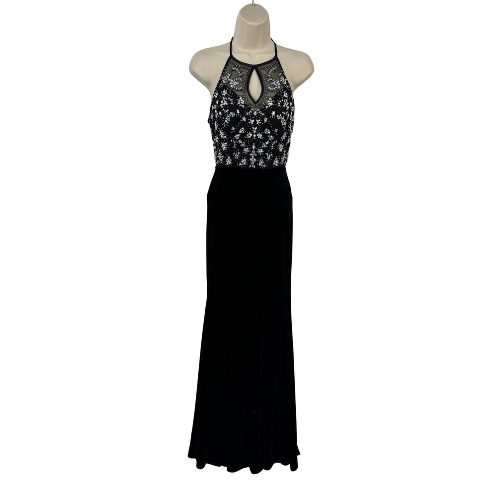 Vintage Y2K B Darlin Black Velvet Halter Neck Beaded Formal Gown Juniors 1/2